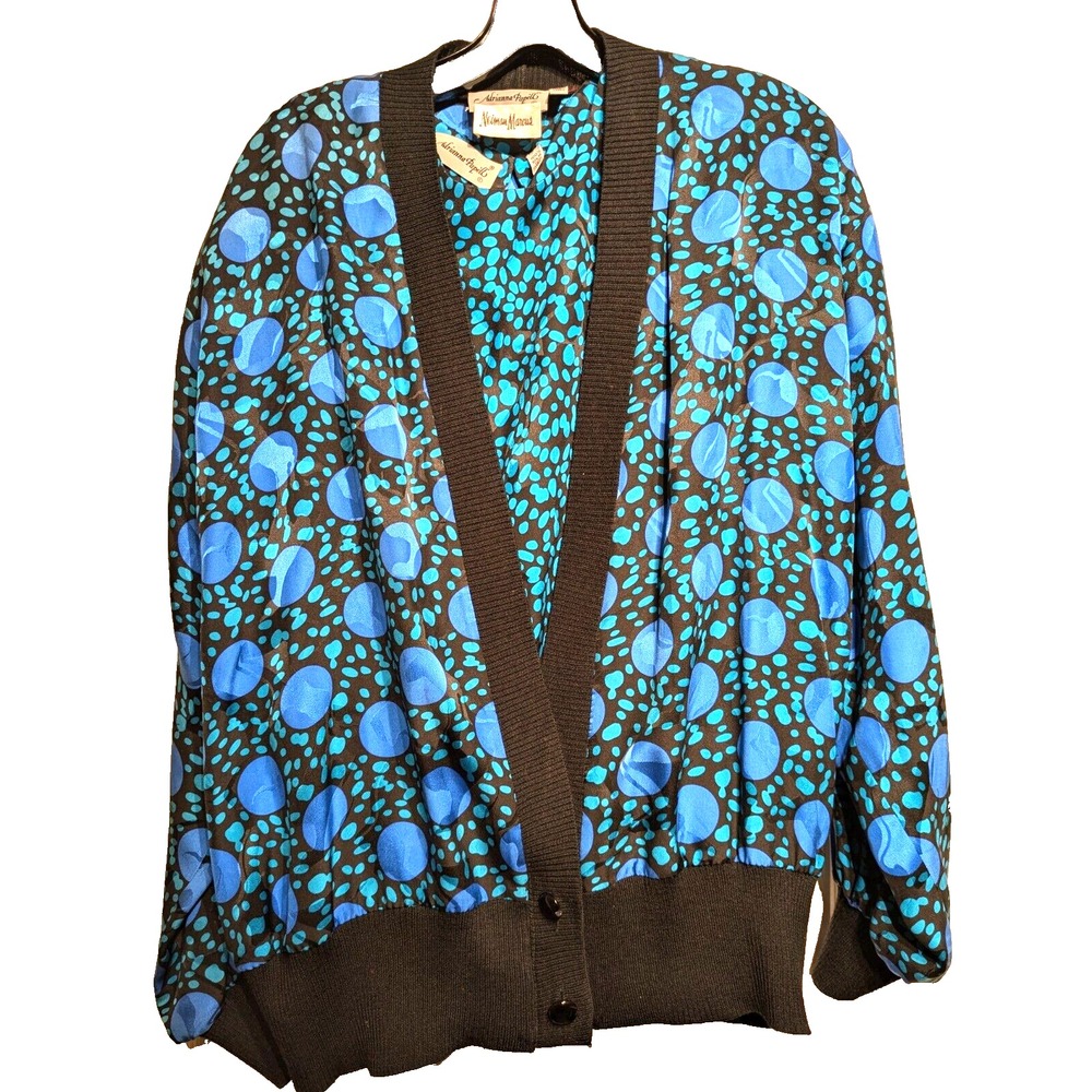 Vintage Adrianna Papell Polka Dot 100% Silk Sweater/Tank Cardigan Jacket Sz 10